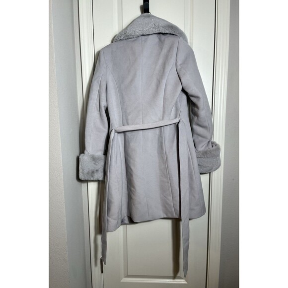 Forever21 Women Faux Fur-Trim Faux Suede Wrap Coat Sz M Grey - Picture 2 of 16
